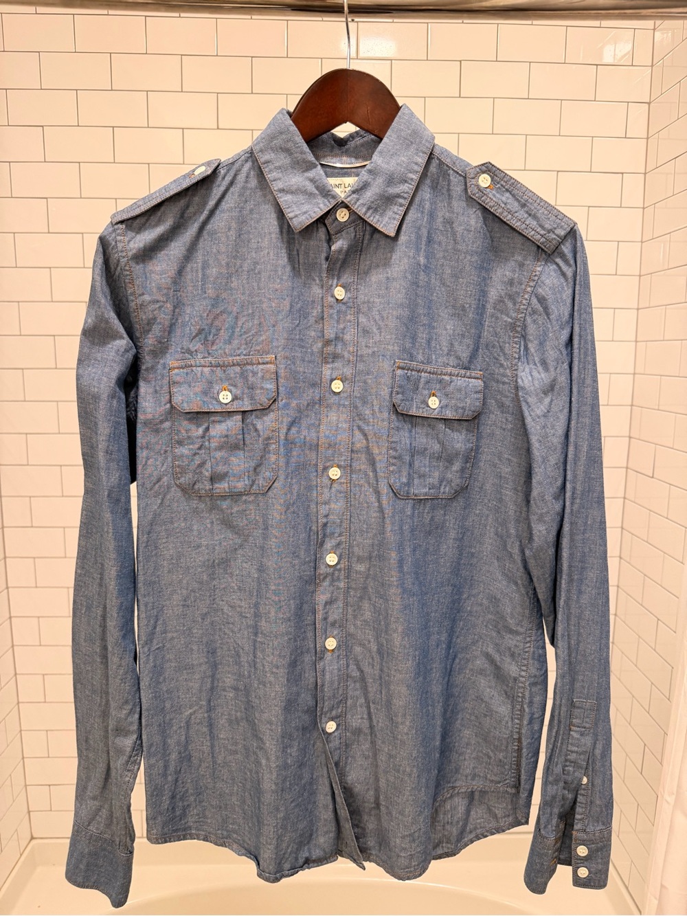 Saint Laurent Blue Chambray Military-Style Button Shirt
